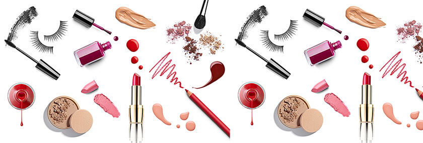 A collage of different cosmetics, including lipstick, blush and mascara