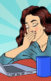 An illustration of a woman yawing near her computer while holding a mug of coffee.