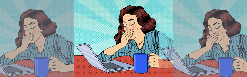 An illustration of a woman yawing near her computer while holding a mug of coffee.