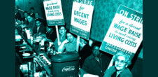 A photo from the earl 20th century of women holding pro-union signs, including one that says "On Strike for a decent Wage Raise to need rising Living Costs"