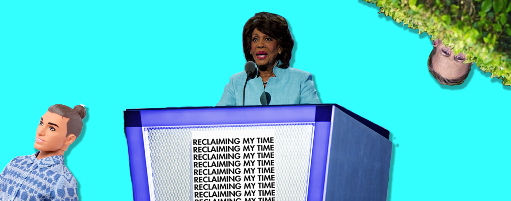 A collage of Maxine Waters speaking at a podium, a ken doll, and Sean Spicer hiding behind a bush.