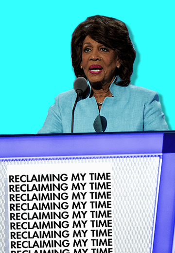 A collage of Maxine Waters speaking at a podium, a ken doll, and Sean Spicer hiding behind a bush.