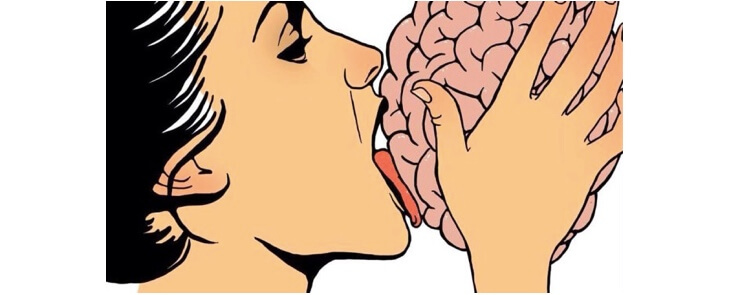 An illustration of a woman licking a brain