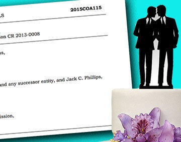 Paperwork from the Craig and Mullins v. Masterpiece Cakeshop case and a cake with two grooms on top of it.