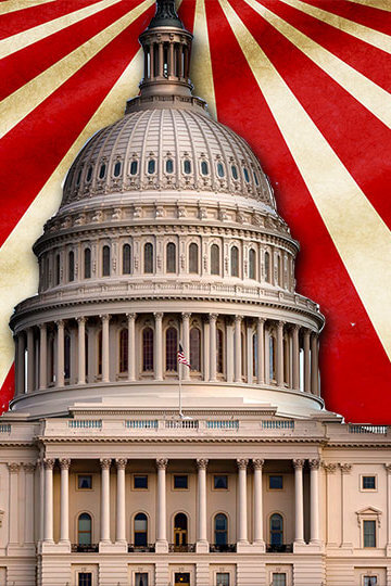 A photo of the Congress building with a yellow and red background