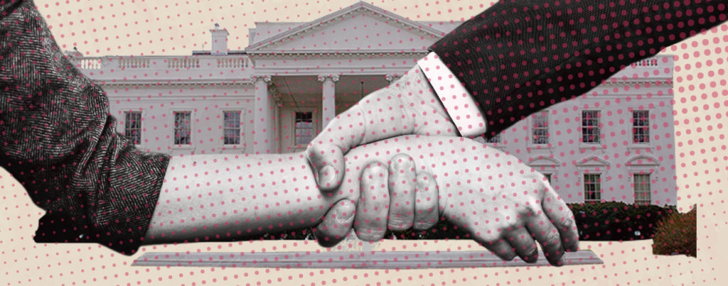 A collage of someone grabbing another person's wrist with the White House in the background.