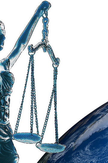 A photo of a statue holding the scales of justice and part of the Earth is visible.