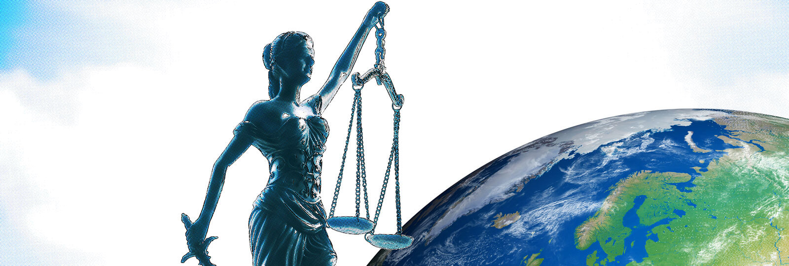 A photo of a statue holding the scales of justice and part of the Earth is visible.