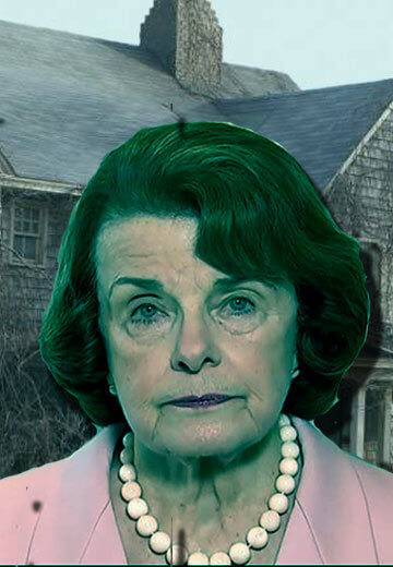A collage of photos of Dianne Feinstein, Chuck Grassley and Donald Trump with an old spooky looking house behind them.