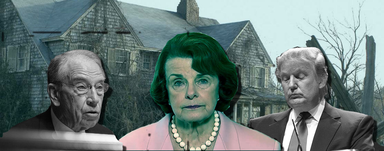 A collage of photos of Dianne Feinstein, Chuck Grassley and Donald Trump with an old spooky looking house behind them.