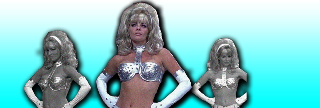 Photos of a woman in a blonde wig and a silver bikini