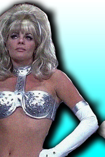 Photos of a woman in a blonde wig and a silver bikini