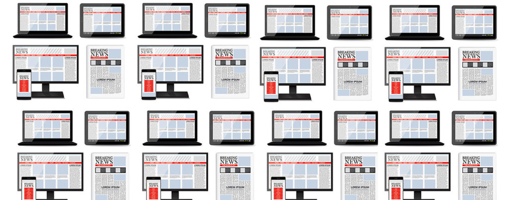 Drawings of various computers, phones, tablets and newspapers showing the news.