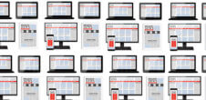 Drawings of various computers, phones, tablets and newspapers showing the news.