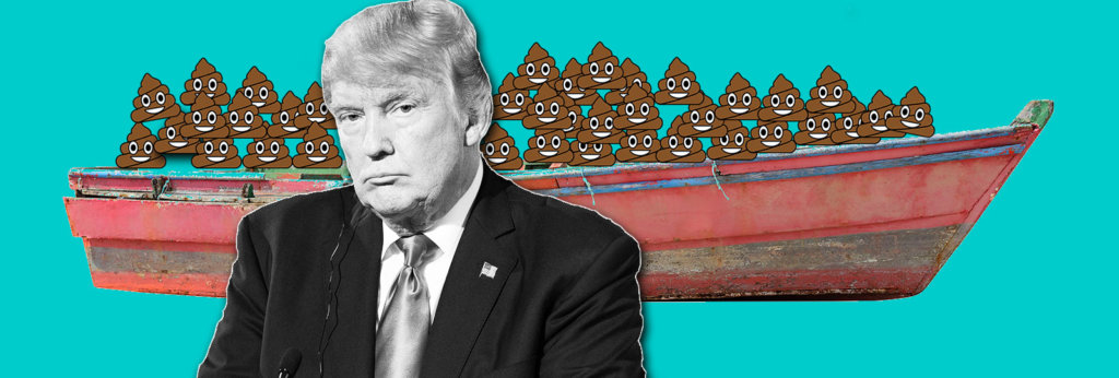 A collage of a photo of Donald Trump and a boat filled with poop emojis.