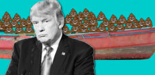 A collage of a photo of Donald Trump and a boat filled with poop emojis.