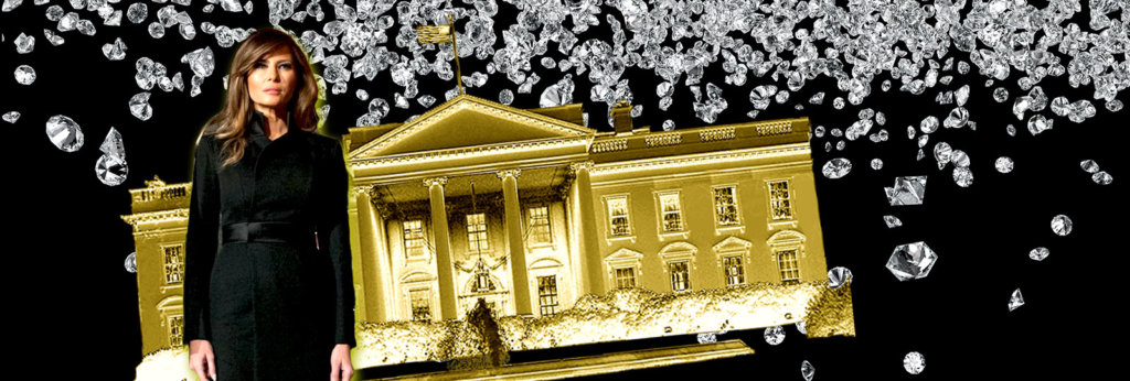 A collage of Melania Trump, the White House in a golden color and scattered diamonds.