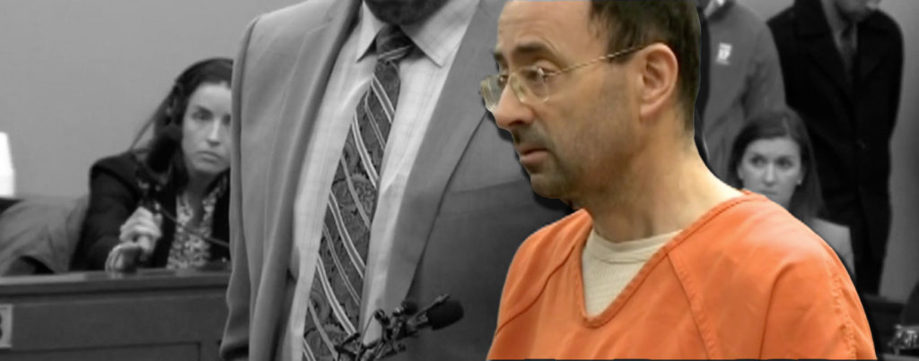 A photo of Larry Nassar speaking in court.