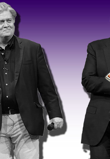 A collage of Steve Bannon holding a donut and Donald Trump holding a calculator