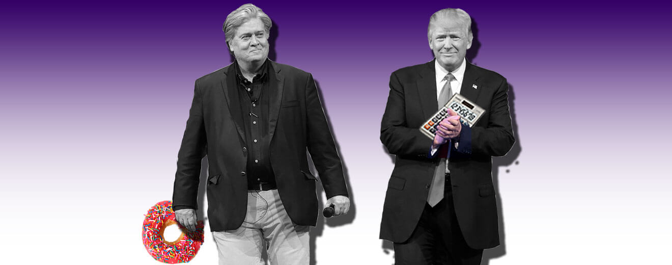 A collage of Steve Bannon holding a donut and Donald Trump holding a calculator