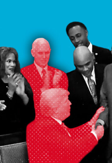 A photo of Donald Trump surrounded by BIPOC supporters.