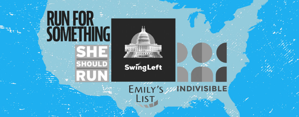 A blue map of the United States with logos for the organizations "Run for Something," "She Should Run," "Swing Left," "Emily's List," and "Invisible" on it.