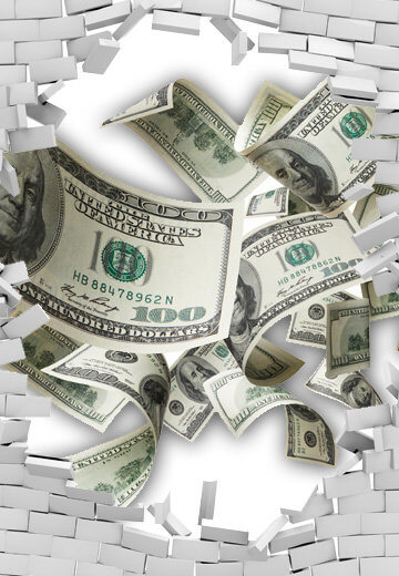 A collage of a brick well that is bunched through, 100 dollar bills are visible on the inside. On the wall, we also see logos for "Kickstarter," "Etsy," "Threadless," "Patreon," "Indiegogo," and "Society6"