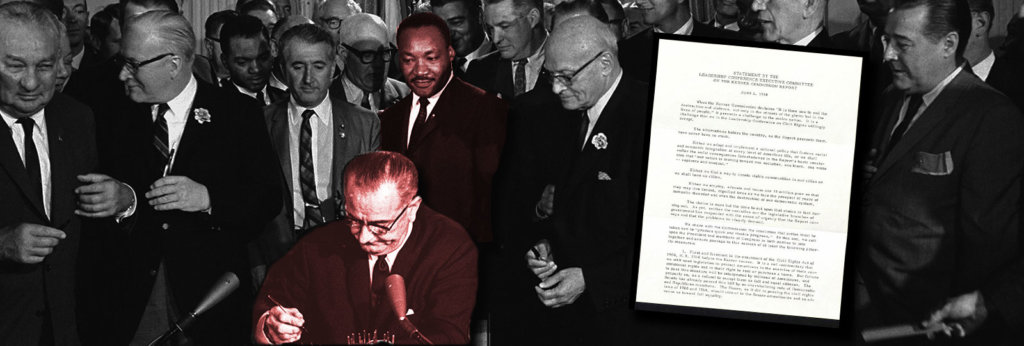 A photo of MLK, Lyndon Johnson and other politicians surrounding the Kerner Report