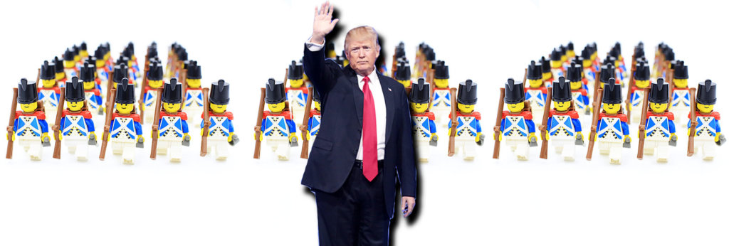 A photo of Donald Trump with legos of soldiers behind him.