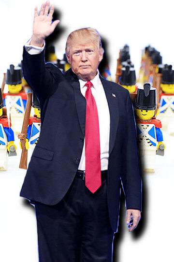 A photo of Donald Trump with legos of soldiers behind him.