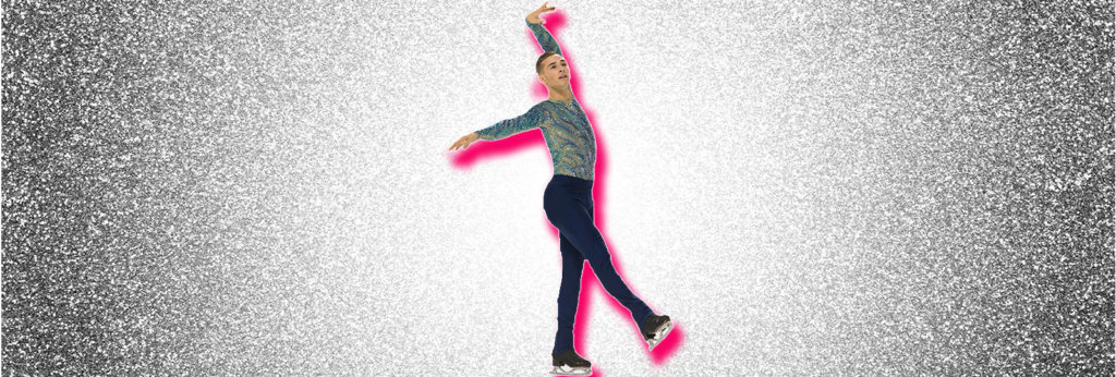 A photo of Adam Rippon skating on a sparkly silver background