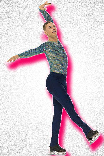 A photo of Adam Rippon skating on a sparkly silver background