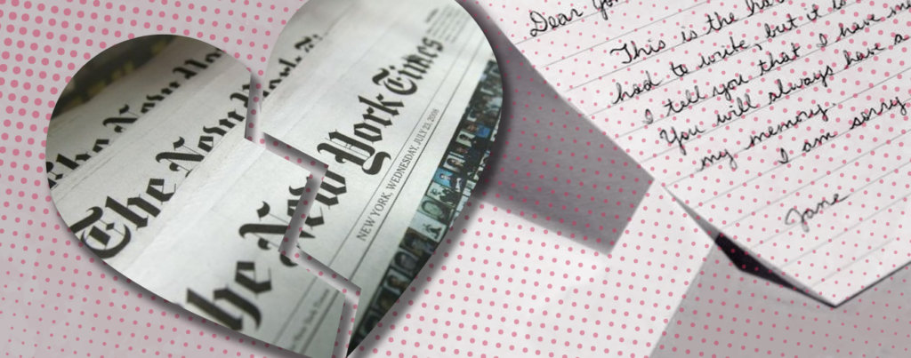 A collage of a broken heart pendant with the New York Times newspaper inside of it and part of a letter that seems like a breakup letter