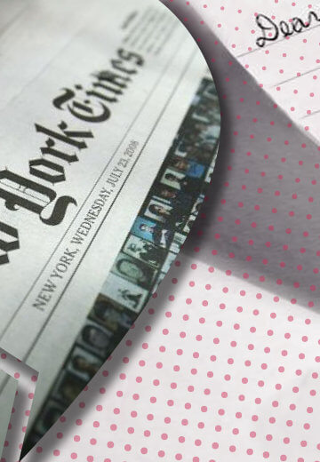 A collage of a broken heart pendant with the New York Times newspaper inside of it and part of a letter that seems like a breakup letter