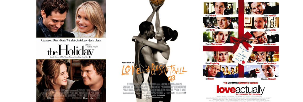 Collage of the posters of "The Holiday," "Love & Basketball," and "Love Actually"