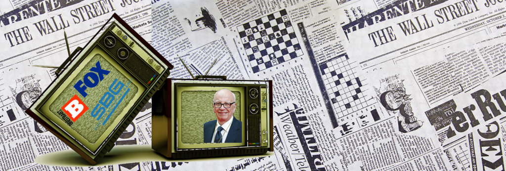 A collage of different newspapers and two televisions, one with Fox and Breitbart in it, and the other of Rupert Murdoch