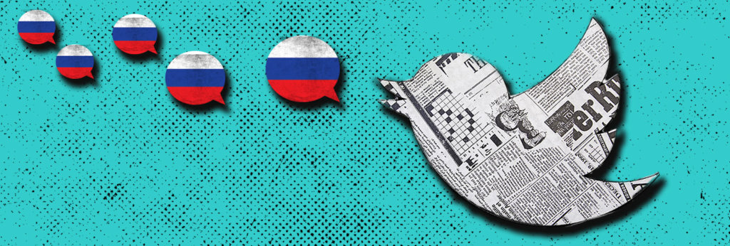 A collage of a Twitter bird covered is a newspaper and speech bubbles painted the color of the Russian flag.