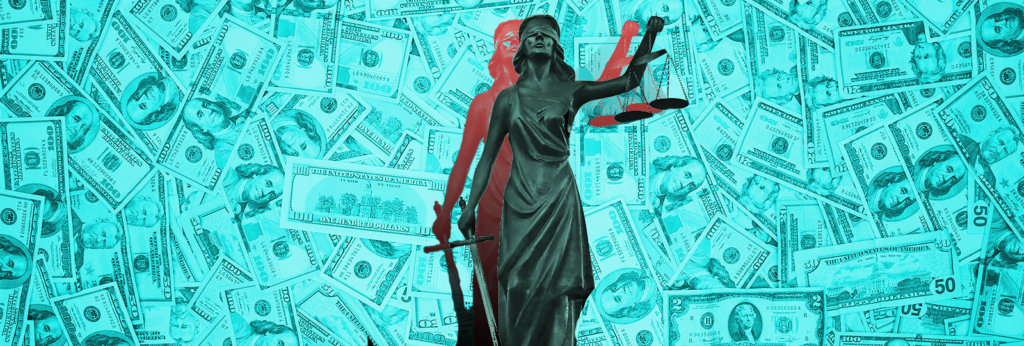A photo of a statue holding the scales of justice with bills of money in the background.