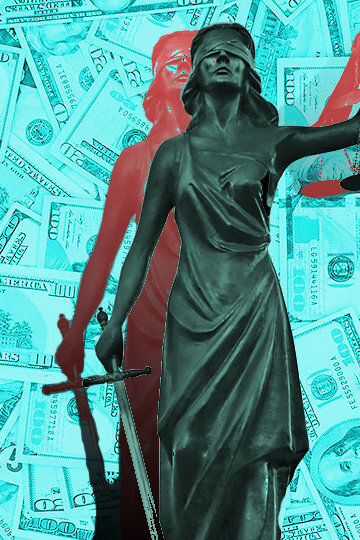 A photo of a statue holding the scales of justice with bills of money in the background.