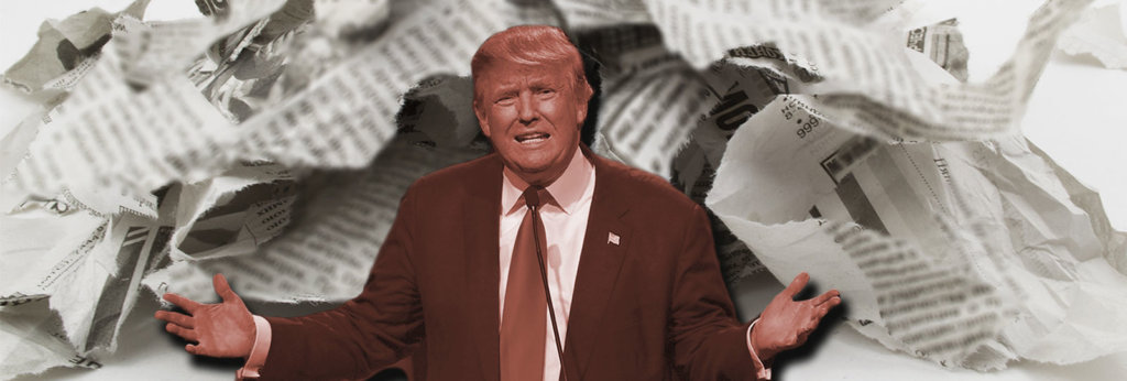A collage of a photo of Trump with crumpled up newspapers behind him