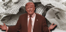 A collage of a photo of Trump with crumpled up newspapers behind him