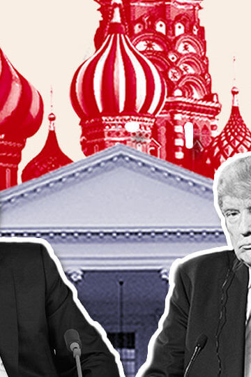 A collage of a photos of Vladimir Putin and Donald Trump, with the White House, the Kremlin and the Russian flag behind them.