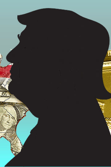 A collage of a cutout of Donald Trump, a map of the United States covered in dollar bills and the White House in gold.