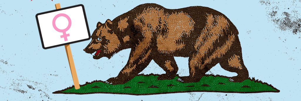 An illustration of a bear walking near a sign with a female gender symbol on it.