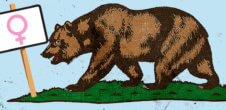 An illustration of a bear walking near a sign with a female gender symbol on it.