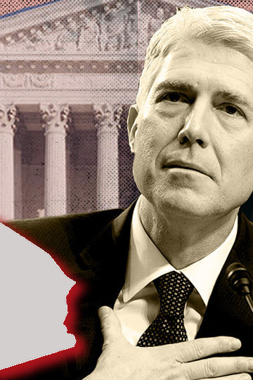 A collage of the state of California, Neil Gorsuch, and the US Supreme Court building