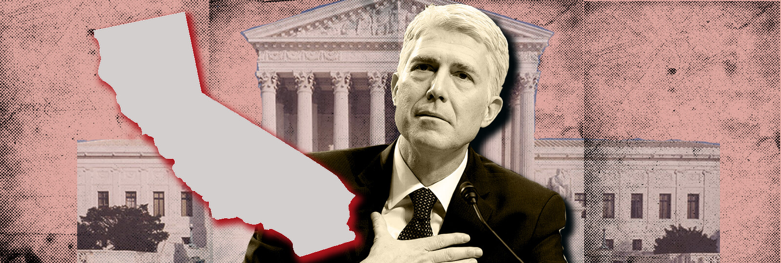 A collage of the state of California, Neil Gorsuch, and the US Supreme Court building