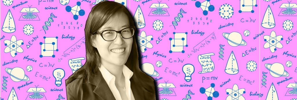 A photo of Ellen Pao in front of STEM-related imagery