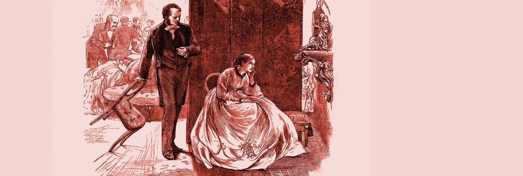 An illustration of a man pulling up a chair next to a woman. The drawing seems to depict people in the 19th century.