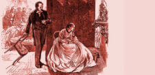An illustration of a man pulling up a chair next to a woman. The drawing seems to depict people in the 19th century.